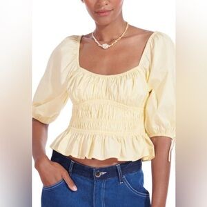 STAUD Yellow Smocked Peplum Puff-Sleeve Top